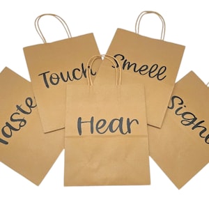 5 Senses Gift Bags Bundle | Touch, Smell, Hear, Sight and Taste | Choose Bag & Text Color | Unique Gift | Valentine&#39;s Day