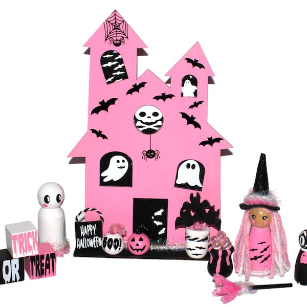 Pink and Black Haunted House, Halloween Decor Set, Witch, Cat, Ghost, Pumpkins, and More! Halloween Peg Dolls, Boo Basket Gifts