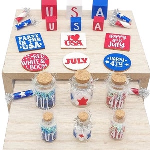 July 4th Miniatures, 4th of July Decor, Independence Day, Miniature Glass Jars, USA Wood Blocks, 4th of July Mini Tiered Tray Decor, July
