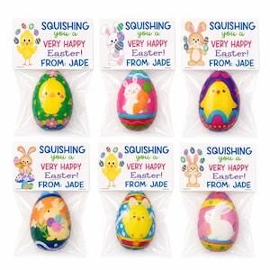 May include: Six clear plastic bags each containing a colorful Easter egg with various designs of chicks and bunnies. Each bag is topped with a white card featuring the text SQUISHING you a VERY HAPPY Easter! FROM: JADE and illustrations of chicks, bunnies, and eggs.