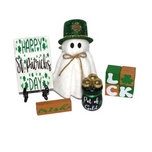 St. Patrick&#39;s Day Decor Set: 4.5&quot; Ghost, LUCK Blocks, Irish Wood Block, Happy St. Patrick&#39;s Day Wood Sign, Wood Pot of Gold Cauldron