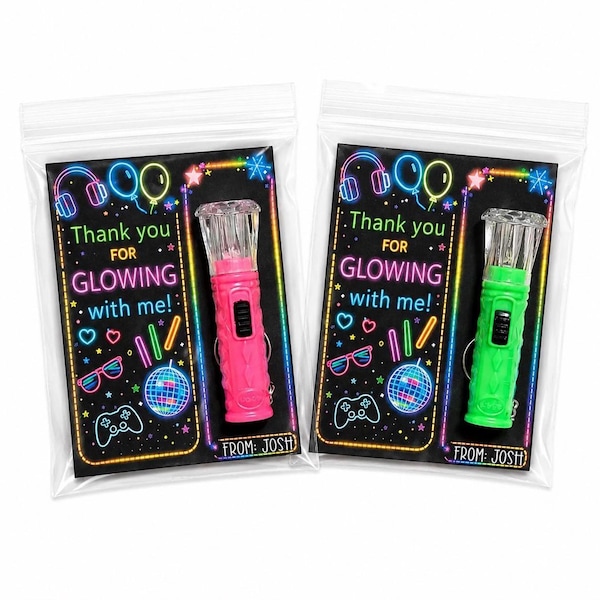Lembrancinhas de festa com mini lanternas neon, cartão de agradecimento por brilhar comigo, lembrancinha de aniversário que brilha no escuro, guloseima infantil sem doces.