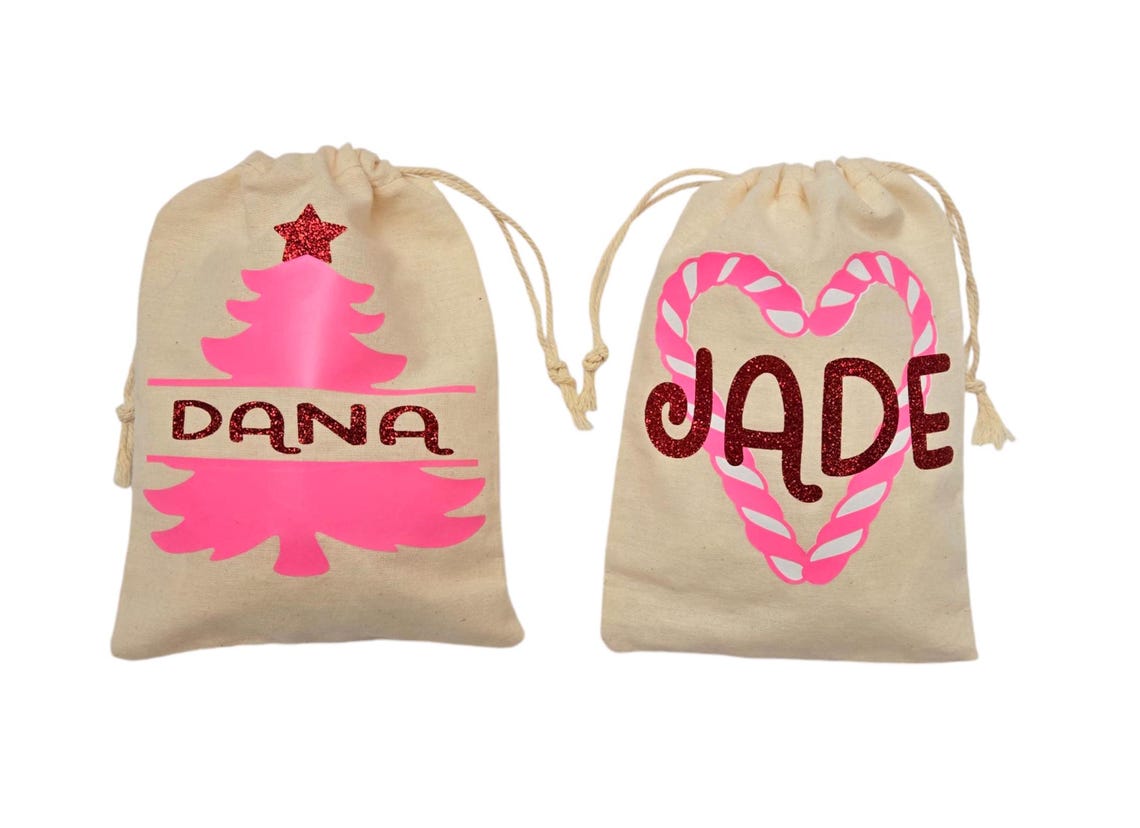 Personalized Pink Christmas Drawstring Gift Bags, Christmas Party