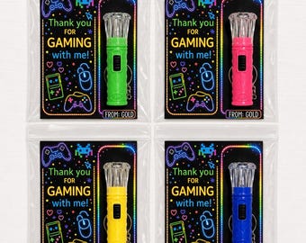 Gamer Party Mini Flashlight Favors - Thank You for GAMING with Me Card - Neon Birthday Party - Boys Birthday Party Favors