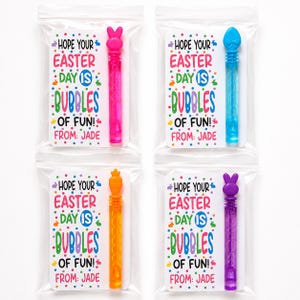 May include: Four individual clear plastic bags each containing a bubble wand and a card. The cards feature colorful confetti dots and the text: Hope your Easter day is bubbles of fun! From: Jade. The wands are pink, blue, orange, and purple.
