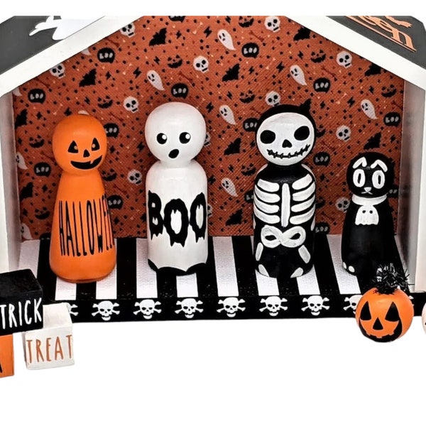 Spooky Haunted House, Wood Haunted House, Wood Peg Dolls, Halloween Decor, Halloween Gift, Trick or Treat Blocks, Wood Pumpkins, Ghost Decor