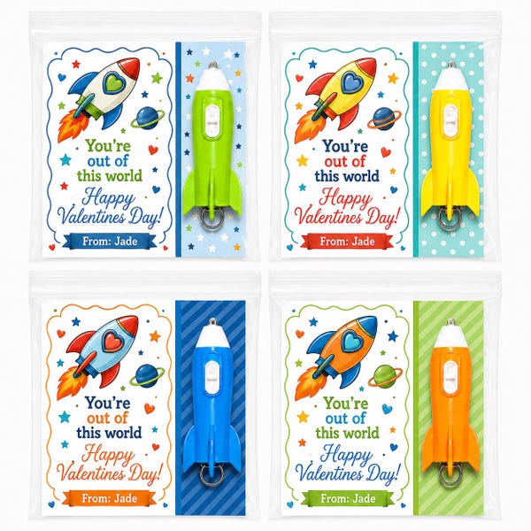 Kids Rocket Valentine Flashlight Favors, Space Valentine Cards, Non Candy Valentine Class Exchange Gifts, Ready To Handout, Boy Valentines