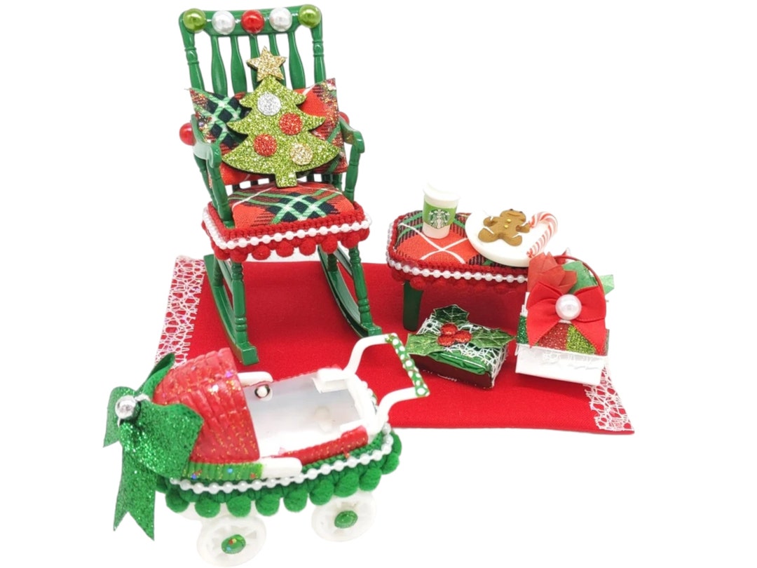 Christmas Dollhouse Furniture Rocking Chair Set & Accessories Doll