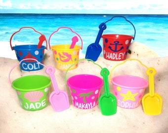 Personalized Kids Beach Buckets w/ Matching Shovels - Birthday Party Favors - End of School Year Gifts - Beach Toys - Easter Baskets