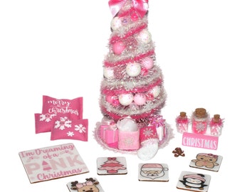 7.5" Pink Christmas Tree Set - Christmas Decor -  Dollhouse Christmas Tree - Unique Gift - Dreaming of a Pink Christmas - Wood Gifts