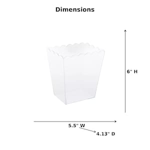 May include: Clear plastic container with a scalloped top edge. The container is 6 inches high, 5.5 inches wide, and 4.13 inches deep. The word "Dimensions" is at the top of the image.