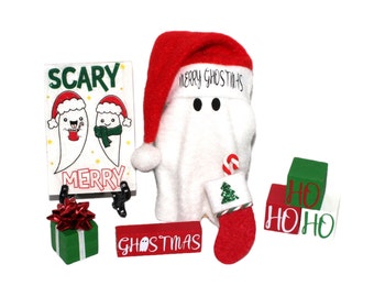 3 1/2" Santa Ghost, Mini Stocking, HO HO HO Wood Blocks, Ghostmas Wood Block. Scary Merry Ghostmas Decor, Merry Ghostmas, Christmas Gift