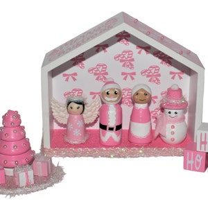 Pink Wonderland: Handmade Christmas Display, Play Set with Wood Peg Dolls, Christmas Peg Dolls, Christmas Decor, Kids Wood Toys, Miniatures