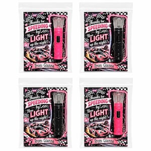 Girl Pink Race Car Birthday Mini Flashlight Favors, Thanks for SPEEDING By Card, Girls Race Car Party Favors, Kids Non Candy Favors
