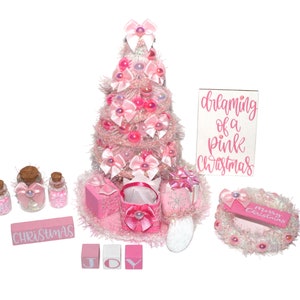 Pretty in Pink 6&quot; Christmas Tree Bundle - Pink Tree with Bows, Stocking, and More! Dollhouse Christmas Display, Dreaming of a Pink Christmas