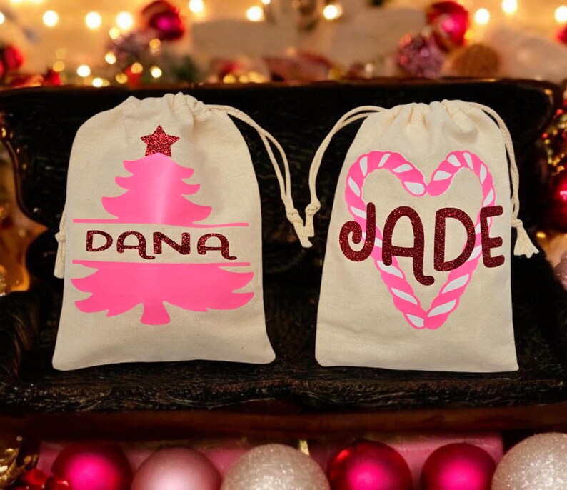 Personalized Pink Christmas Drawstring Gift Bags, Christmas Party