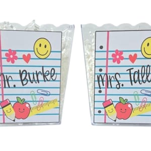May include: Two clear, scalloped-edge containers filled with white shredded paper. Each container has a notepad design with a smiley face, hearts, and school supplies. One says "Mr. Burke" and the other says "Mrs. Talley".