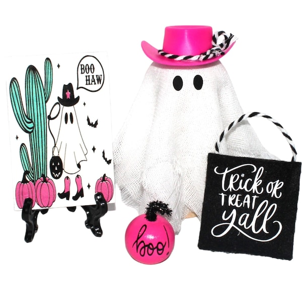 Spooky Cowgirl Ghost Halloween Decor Set: Boo Haw Sign, Wood Pumpkin, and More! Boo Basket Gift, Halloween Miniatures, Ghost Peg Doll