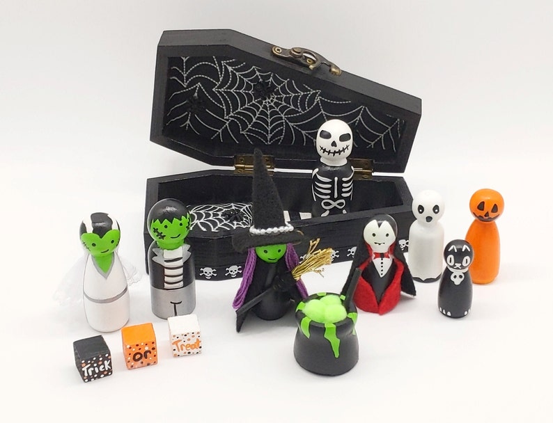 You Choose: Halloween Peg Dolls, Wood Dolls, Wood Doll Coffin, Play Set, Halloween Peg Doll, Gift Set, Halloween Decor, Halloween Gift Set image 8