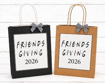 Personalized Friendsgiving Gift Bags | Custom Year & Bow | 10×8×4.75″ Black or Brown Gift Bags | Thanksgiving Party Favors