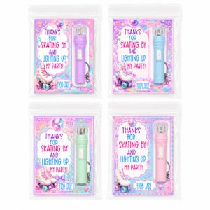 May include: Four clear plastic favor bags containing a small flashlight keychain and a card. The card features a roller skate, a disco ball, and the text: THANKS FOR SKATING BY AND LIGHTING UP MY PARTY! FROM: JADE. The flashlights are purple, blue, mint, and pink.