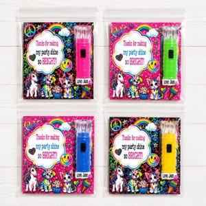 May include: Four clear plastic bags containing small flashlights in pink, green, blue, and yellow. Each bag features a card with a rainbow, unicorn, puppy, kitten, and the text: Thanks for making my party shine so BRIGHT! Love: Jade.