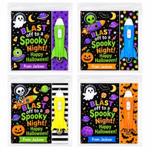 May include: Four clear plastic bags containing Halloween party favors. Each bag features a card with space-themed graphics, a ghost or skeleton, and the text "BLAST off to a Spooky Night! Happy Halloween! From: Jackson." Each includes a toy rocket.