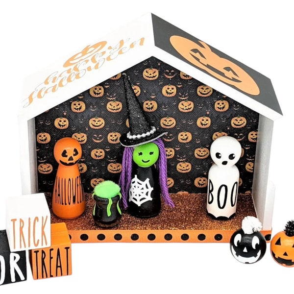 Wood Halloween Haunted House, Wood Peg Dolls, Halloween Peg Dolls, Halloween Toys, Halloween Home Decor, Trick or Treat Blocks, Ghost Decor