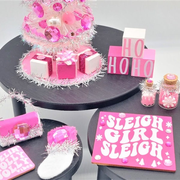 Pink Christmas, Pink Christmas Tree, Christmas Miniatures, Christmas Dollhouse, Dollhouse Decor, Tiered Tray Decor, Sleigh Girl Sleigh