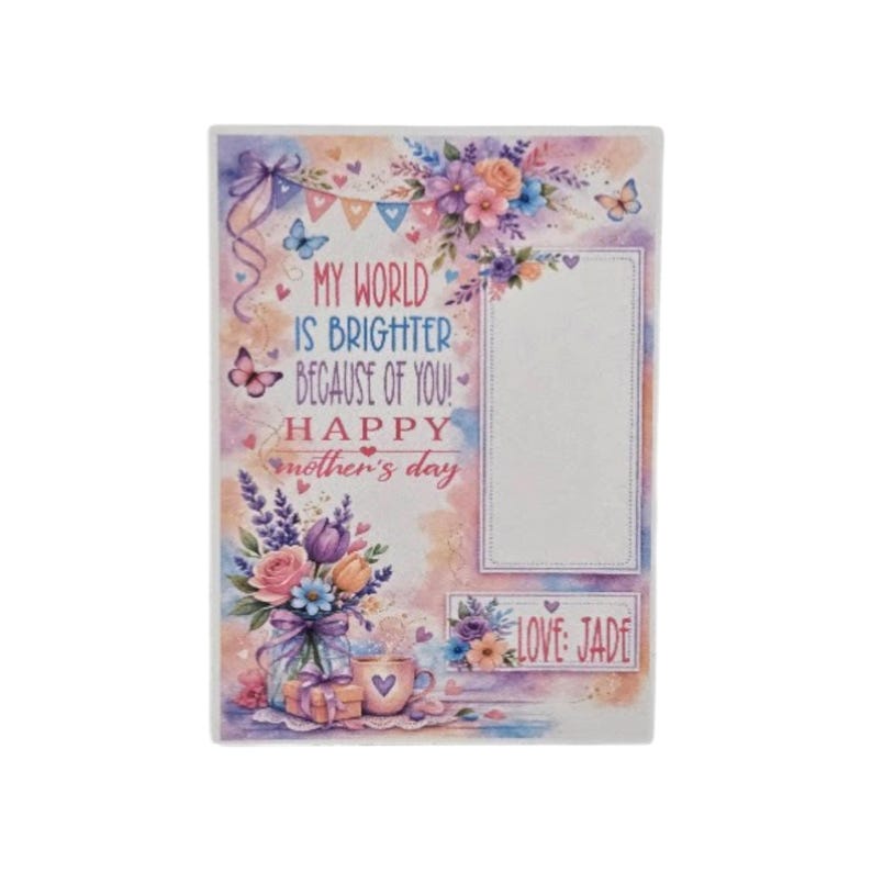 May include: A rectangular Mother's Day card with a floral design and the text "MY WORLD IS BRIGHTER BECAUSE OF YOU! HAPPY Mother's Day." The card features a vase of flowers, butterflies, and a heart-shaped mug. The card also includes a blank space for a photo.