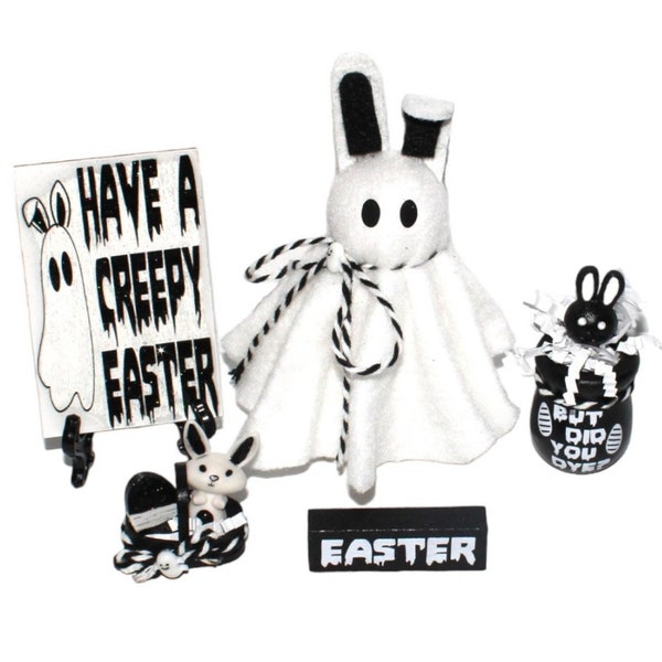 Creepy Easter Delights: Ghost Bunny, Creepy Easter Miniatures, and Unique Decor Set, Creepy Easter Gift, Mini Black Easter Basket, Goth Gift