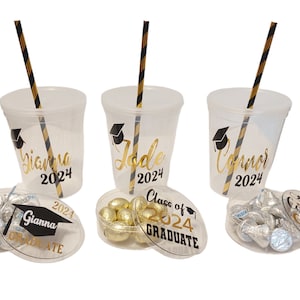 Bicchieri di plastica personalizzati per la laurea con cannucce abbinate - Contenitori per caramelle personalizzati - Regalo di laurea - Bomboniere per feste di laurea