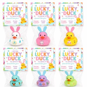 May include: Six rubber ducks in clear plastic bags with cardboard toppers. Each duck wears bunny ears and features unique patterns like carrots, eggs, or flowers. The toppers read I AM ONE LUCKY DUCK TO HAVE A FRIEND LIKE YOU, Happy Easter, From: Jade.