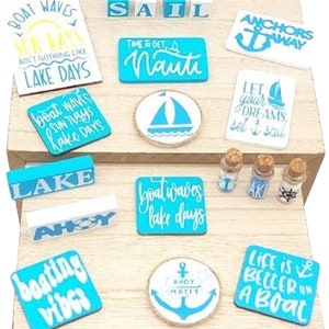 Nautical Miniatures, Lake House Decor, Mini Tiered Tray, Dollhouse Miniatures, Beach House Minis, Mini Signs, Mini Decor, Mini Glass Jars