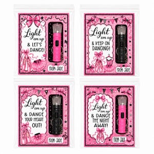 May include: Four clear plastic pouches containing small flashlights with keychains. Each pouch features a pink ballet-themed card with text including Light 'em up & LET'S DANCE!, Light 'em up & KEEP ON DANCING!, Light 'em up & DANCE YOUR HEART OUT!, and Light 'em up & DANCE THE NIGHT AWAY!, all signed FROM: JADE.
