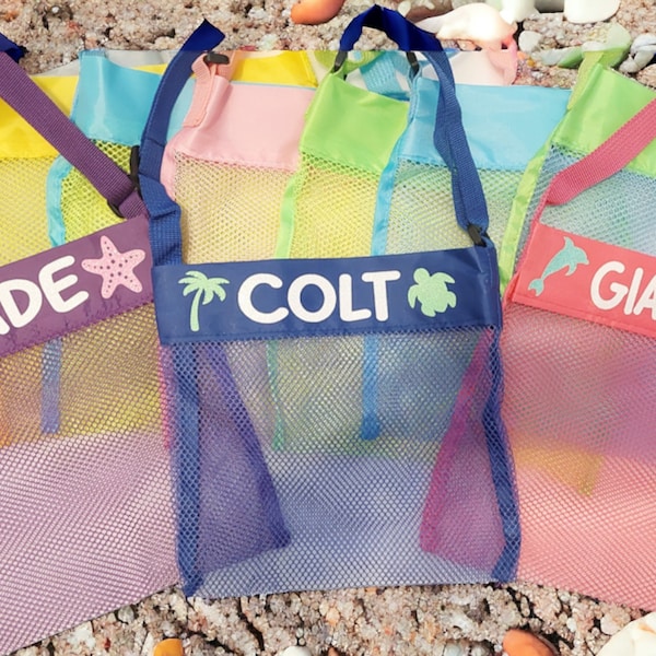 Personalized Kids Mesh Beach Bag - Seashell Collecting - Kids Easter Gift - Party Favors - Easter Egg Hunt - Beach Party Favors - Seashells