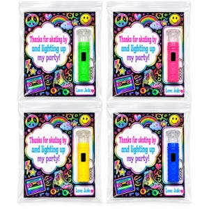 May include: Four clear plastic bags containing party favors, each with a colorful flashlight keychain and a card featuring a roller skate, cassette tape, and the text: Thanks for skating by and lighting up my party! Love: Jade. Colors include green, pink, yellow, and blue.