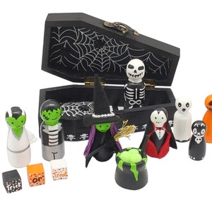 You Choose: Halloween Peg Dolls, Wood Dolls, Wood Doll Coffin, Play Set, Halloween Peg Doll, Gift Set, Halloween Decor, Halloween Gift Set Complete Set