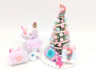Unicorn Miniature Christmas Tree Gift Set, Kids Dollhouse Furniture, Christmas Miniatures, Unicorn Christmas Tree Set, Dollhouse Christmas