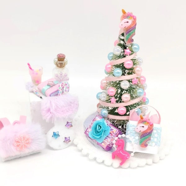 Unicorn Miniature Christmas Tree Gift Set, Kids Dollhouse Furniture, Christmas Miniatures, Unicorn Christmas Tree Set, Dollhouse Christmas