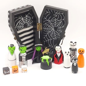 You Choose: Halloween Peg Dolls, Wood Dolls, Wood Doll Coffin, Play Set, Halloween Peg Doll, Gift Set, Halloween Decor, Halloween Gift Set image 3