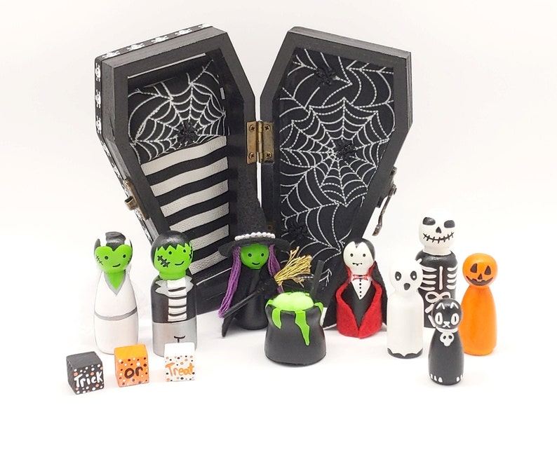 You Choose: Halloween Peg Dolls, Wood Dolls, Wood Doll Coffin, Play Set, Halloween Peg Doll, Gift Set, Halloween Decor, Halloween Gift Set image 3