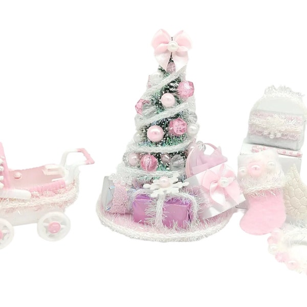 Pretty in Pink Christmas Miniatures, Doll Christmas Gift Set, Kids Dollhouse Furniture, Christmas Tree Set, Dollhouse Christmas Miniatures