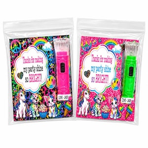 May include: Two clear plastic bags containing a torch and a card. The cards feature a rainbow, unicorn, puppy, kitten, and the text "Thanks for making my party shine so BRIGHT!" One bag has a pink torch, the other a green one, both labelled "LOVE-JADE".