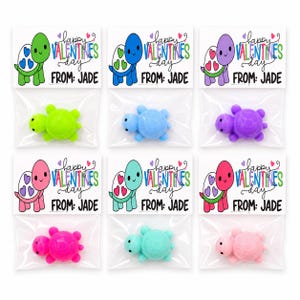 May include: Six clear plastic bags containing small turtle-shaped erasers in lime green, light blue, purple, hot pink, teal, and light pink. Each bag has a white card topper featuring a cartoon turtle and the text Happy VALENTINES day FROM: JADE.