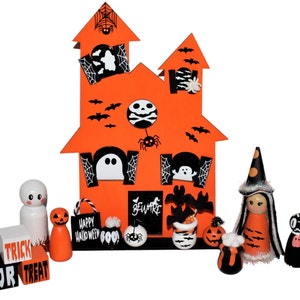 Halloween Wood Haunted House Display, Witch Peg Doll, Cat Peg Doll, Ghost Peg Doll, and More! Boo Basket Gift, Halloween Decor, Kids Gift
