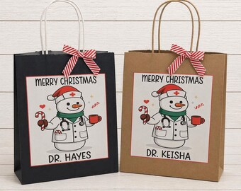 Bolsas de regalo navideñas personalizadas de doctor/ Lindo muñeco de nieve de doctor/ Bolsas de regalo navideñas/ 25 x 20 x 12 cm/ Regalo de doctor o enfermera/ Recuerdos de fiesta