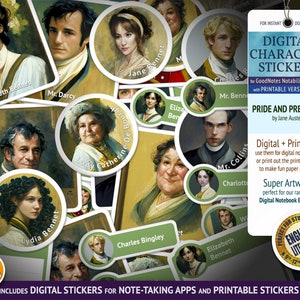 Peut inclure: Autocollants numériques et imprimables de personnages pour Orgueil et Préjugés de Jane Austen. Les autocollants présentent des illustrations des personnages du roman, notamment Elizabeth Bennet, Mr. Darcy et Mr. Collins. Les autocollants sont parfaits pour les applications de prise de notes et les versions imprimables.