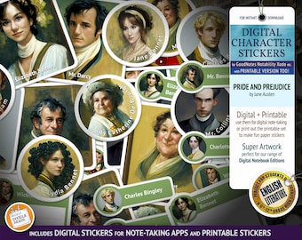 Pride and Prejudice: Character Digital Stickers for Note-Taking Apps & printable stickers. Great for students of English Literature and GCSE