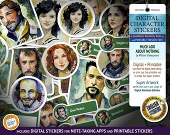 Much Ado About Nothing: Character Digital Stickers for Note-Taking Apps & printable stickers. For students of English Literature and GCSE